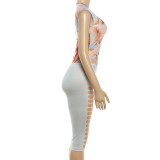 Women Summer Printed Sleeveless Bodysuit and Shorts Two Pieces