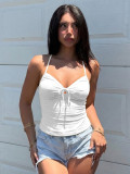 Women Spring Summer Strapless Halter Neck Tie Low Back Bow Tank Top