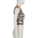 Women Summer Vintage Style Hollow-Out Stand Collar Animal Print Colorblock T-Shirt