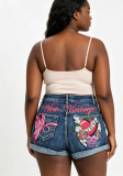 Women Embroidered Butterfly Heart Print Mid-Waist Slim Fit Casual Denim Shorts
