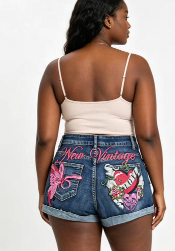 Women Embroidered Butterfly Heart Print Mid-Waist Slim Fit Casual Denim Shorts