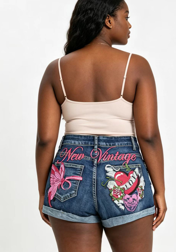 Women Embroidered Butterfly Heart Print Mid-Waist Slim Fit Casual Denim Shorts