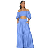 Women Summer Solid Off-Shoulder Ruffle Edge Short Sleeve Top with Bell Bottom Pants（Processing time need 3-6 days）