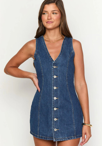 Women Deep V Sleeveless Button Denim Mini Dress Slim Waist Bodycon Party Dress