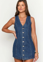 Women Deep V Sleeveless Button Denim Mini Dress Slim Waist Bodycon Party Dress Women Deep V Sleeveless Button Denim Mini Dress Slim Waist Bodycon Party Dress