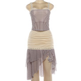 Women Summer Fashion Patchwork Striped Halter Low Back Irregular Skirt Set