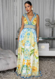 Women Summer Multi-Color Printed Strap Lace-Up Deep V Slim Waist Dress（Processing time need 3-6 days）