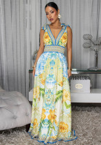 Women Summer Multi-Color Printed Strap Lace-Up Deep V Slim Waist Dress（Processing time need 3-6 days）