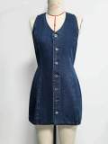 Women Deep V Sleeveless Button Denim Mini Dress Slim Waist Bodycon Party Dress