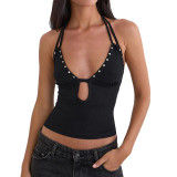 Women Spring Summer Halter Neck Studded Low Back Solid Crop Tank Top