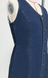 Women Deep V Sleeveless Button Denim Mini Dress Slim Waist Bodycon Party Dress