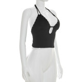 Women Spring Summer Halter Neck Studded Low Back Solid Crop Tank Top