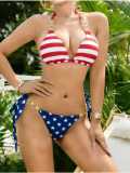 Women Metal Rhinestone Halter Neck Bikini Lace-Up Swimwear Two Pieces
