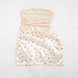Women Summer Polka Dot Strapless Low Back Ruched Bodycon Mini Dress