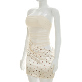 Women Summer Polka Dot Strapless Low Back Ruched Bodycon Mini Dress