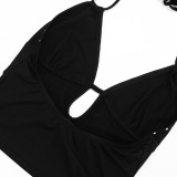 Women Spring Summer Halter Neck Studded Low Back Solid Crop Tank Top
