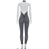 Women Polka Dot Print Halter Neck Hollow Out Backless Jumpsuit