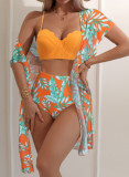 Women Holidays Maple Leaf Print Bikini Three Piece Swimwear