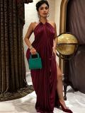 Women Halter Neck Backless Draped Ruched Formal Party Maxi Dress