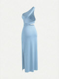 Women Sexy One Shoulder Strapless Top & Split Skirt Two Piece Set