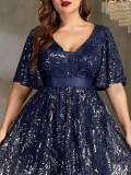 Women Elegant V-Neck Sequin Formal Party Ruffle Sleeve Dress