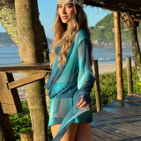 Women Mesh See-Through Print Cowl Neck Long Sleeve Dress
