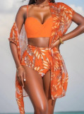 Women Holidays Maple Leaf Print Bikini Three Piece Swimwear