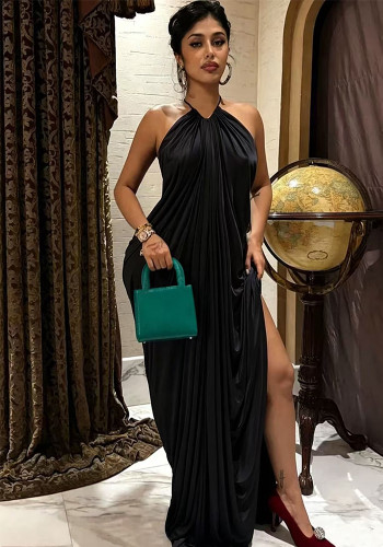 Women Halter Neck Backless Draped Ruched Formal Party Maxi Dress