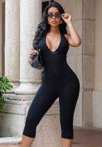 Women Sexy Halter Neck Backless Lace-Up 7-Point Jumpsuit