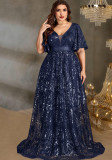 Women Elegant V-Neck Sequin Formal Party Ruffle Sleeve Dress