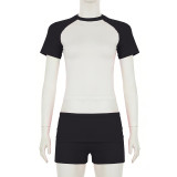 Women Casual Raglan Color Block Short Sleeve Top Shorts Headband Three Piece Set