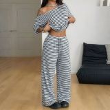 Women Summer Casual Off Shoulder Half-Sleeve Top & Wide Leg Pants Two Piece Set