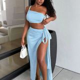 Women Sexy One Shoulder Strapless Top & Split Skirt Two Piece Set