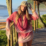 Women Mesh See-Through Print Cowl Neck Long Sleeve Dress