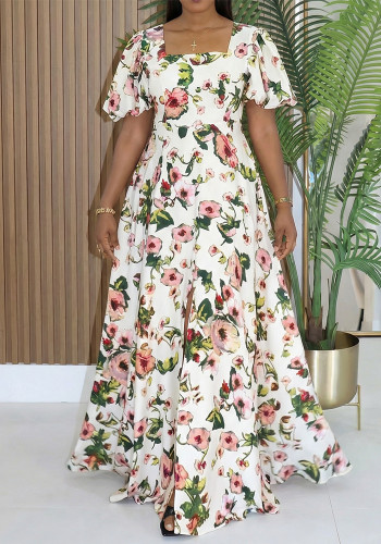 Women Holidays Casual Print Split Bubble Sleeve Dress