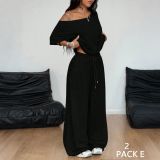 Women Summer Casual Off Shoulder Half-Sleeve Top & Wide Leg Pants Two Piece Set