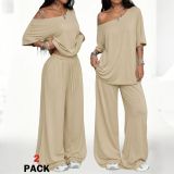 Women Summer Casual Off Shoulder Half-Sleeve Top & Wide Leg Pants Two Piece Set