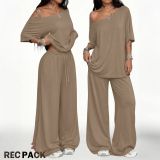 Women Summer Casual Off Shoulder Half-Sleeve Top & Wide Leg Pants Two Piece Set