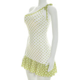 Women Polka Dot Print One Shoulder Tie Asymmetrical Dress