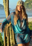 Women Mesh See-Through Print Cowl Neck Long Sleeve Dress