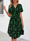 Women Summer Short Sleeve Stripe Casual V-Neck Dress
