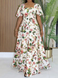Women Holidays Casual Print Split Bubble Sleeve Dress
