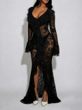 Women Sexy Lace V-Neck Long Sleeve Bodycon Dress