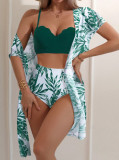 Women Holidays Maple Leaf Print Bikini Three Piece Swimwear