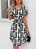 Women Summer Short Sleeve Stripe Casual V-Neck Dress
