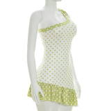 Women Polka Dot Print One Shoulder Tie Asymmetrical Dress
