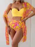 Women Holidays Maple Leaf Print Bikini Three Piece Swimwear