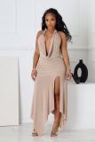 Women Sexy Halter Neck V-Neck Lace-Up Backless Split Maxi Dress