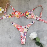 Women Floral Split Bikini Sexy Hollow Out Two Piece Swimwear