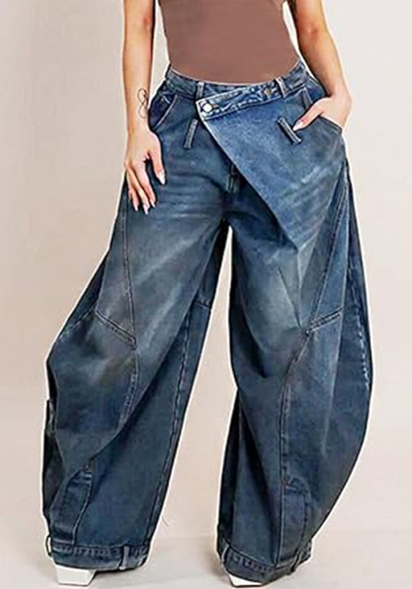 Women Washed Denim Wide Leg Pants With Pockets